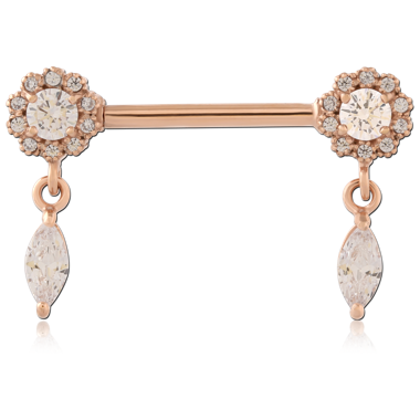 316L ROSE GOLD PVD COATED SURGICAL STEEL NIPPLE BARBELL HALO CLUSTER ENDS WITH MARQUISE GEM CHARMS