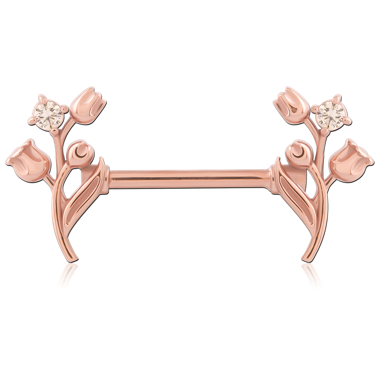 316L ROSE GOLD PVD COATED SURGICAL STEEL INTERNAL NIPPLE BARBELL TULIP STEMS WITH GEM ACCENTS