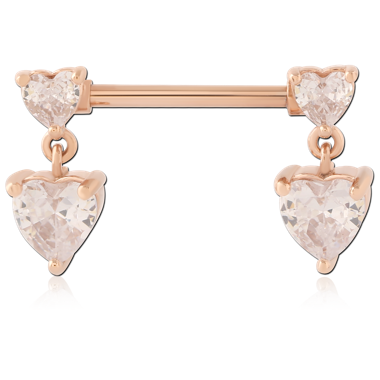316L ROSE GOLD PVD COATED SURGICAL STEEL NIPPLE BARBELL WITH HEART GEM DANGLES