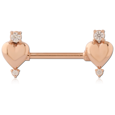 316L ROSE GOLD PVD COATED SURGICAL STEEL NIPPLE BARBELL SMOOTH HEART ENDS WITH GEM CHARMS