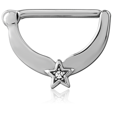 SURGICAL STEEL JEWELED NIPPLE CLICKER CRESCENT WITH STAR CENTER GEM