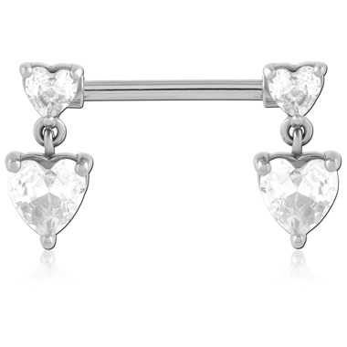316L SURGICAL STEEL NIPPLE BARBELL WITH HEART GEM DANGLES
