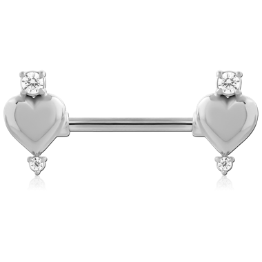 316L SURGICAL STEEL NIPPLE BARBELL SMOOTH HEART ENDS WITH GEM CHARMS