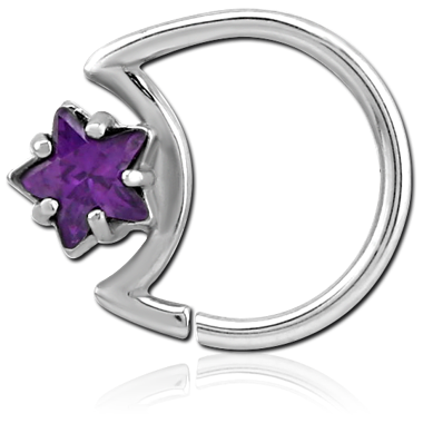 SURGICAL STEEL SEAMLESS RING OPEN MOON PURPLE STAR GEM RIGHT FACING