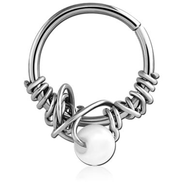 SEAMLESS CIRCULAR RING COILED WIRE WRAP WITH WHITE BEAD ACCENT