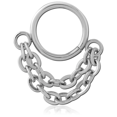 316L SURGICAL STEEL HINGE SEGMENT RING WITH DOUBLE CHAIN CHARMS NOSE HOOP