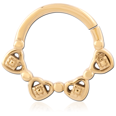 GOLD PVD 18K COATED SURGICAL STEEL HINGE SEGMENT RING TRIPLE HEARTS