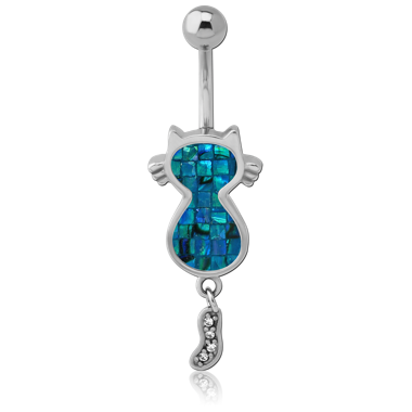 NAVEL BANANA CAT MOSAIC INLAY WITH GEM DANGLE TAIL DESIGN