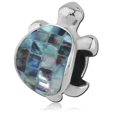 SURGICAL STEEL SYNTHETIC MOTHER OF PEARL MOSAIC BEAD - TURTLE