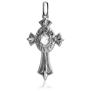 SURGICAL STEEL PENDANT ORNATE CROSS WITH OVAL CLEAR GEM CENTER