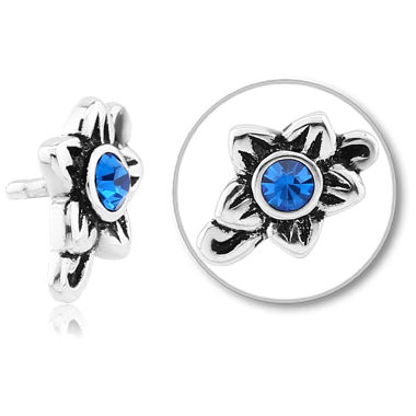 316L SURGICAL STEEL PUSH FIT TOP TEXTURED FLOWER WITH BLUE CENTER GEM