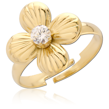 GOLD PVD 18K COATED 316L SURGICAL STEEL RING FOUR PETAL FLOWER CENTER GEM