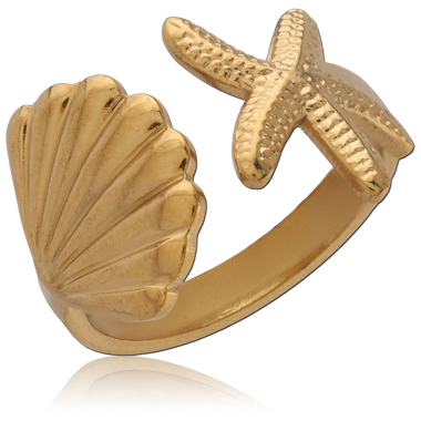 316L GOLD PVD 18K COATED SURGICAL STEEL RING SHELL AND STARFISH OPEN BAND
