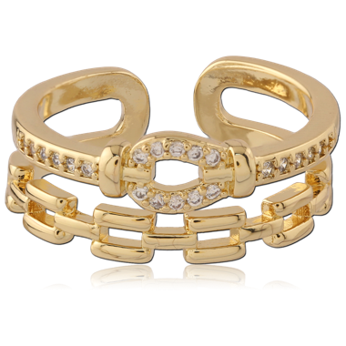 316L GOLD PVD 18K COATED SURGICAL STEEL RING DOUBLE BAND CHAIN LINK CLEAR GEMS