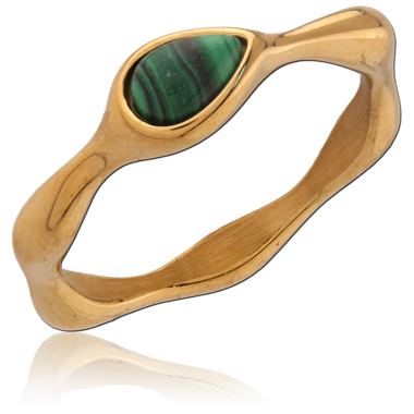 316L GOLD PVD 18K COATED SURGICAL STEEL RING WAVY BAND TEARDROP GREEN STONE