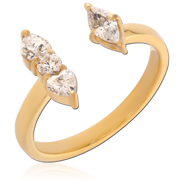 316L GOLD PVD COATED SURGICAL STEEL RING OPEN BYPASS WITH THREE CLEAR GEMS MARQUISE ENDS