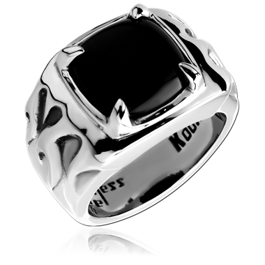 BLACK ONYX CUSHION SIGNET RING WITH FLAME SHOULDERS PRONG SETTING