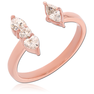 316L ROSE GOLD PVD COATED SURGICAL STEEL RING OPEN BYPASS WITH THREE CLEAR GEMS MARQUISE ENDS