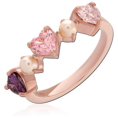 ROSE GOLD PVD COATED SURGICAL STEEL RING HEARTS AND PEARLS MIXED GEMS