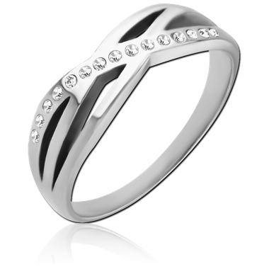 SURGICAL STEEL RING CRISSCROSS BAND CLEAR GEM ROW