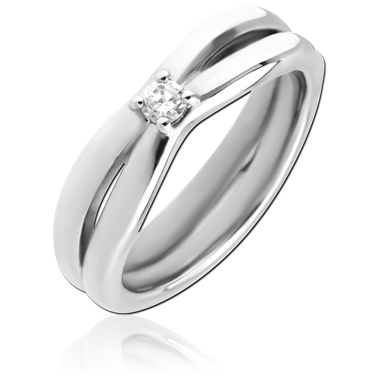 316L SURGICAL STEEL RING SPLIT SHANK BAND WITH SMALL CLEAR CENTER GEM PRONG SET