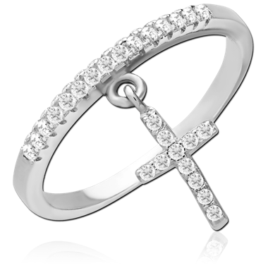 STERLING SILVER 925 JEWELED RING WITH JEWELED CROSS CHARM
