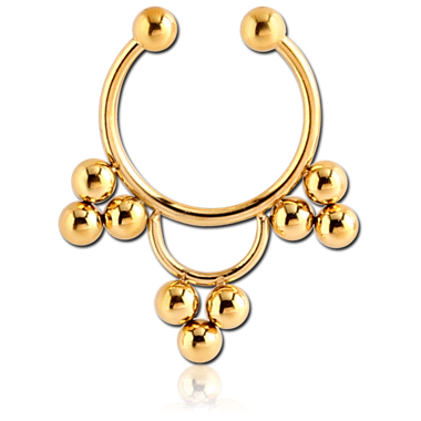 GOLD PVD COATED SURGICAL STEEL FAKE SEPTUM RING BALL CLUSTER WITH BALL DANGLE CHARM
