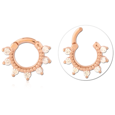 ROSE GOLD PVD COATED SURGICAL STEEL PRONG SET JEWELED HINGED SEPTUM CLICKER RING