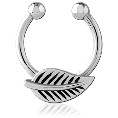 STAINLESS STEEL FAKE SEPTUM RING WITH ENGRAVED LEAF CHARM DESIGN