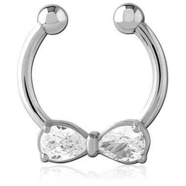 STAINLESS STEEL JEWELED FAKE SEPTUM RING WITH BOW DOUBLE PEAR GEMS