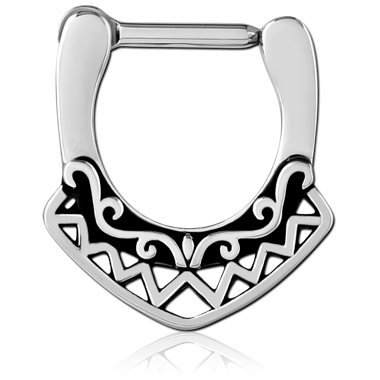 SURGICAL STEEL HINGED SEPTUM CLICKER ORNATE TRIBAL SCROLLWORK BLACK ACCENTS