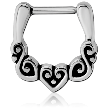 SURGICAL STEEL HINGED SEPTUM CLICKER HEART SCROLLWORK FILIGREE OPENWORK DESIGN