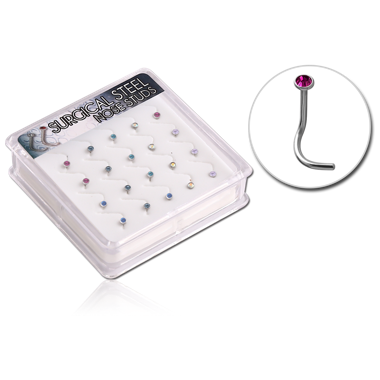 BOX OF 20 SURGICAL STEEL FLAT JEWELED 90 DEGREE NOSE STUDS