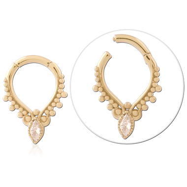 GOLD PVD 18K COATED SURGICAL STEEL HINGE SEGMENT RING BEADED MARQUISE GEM