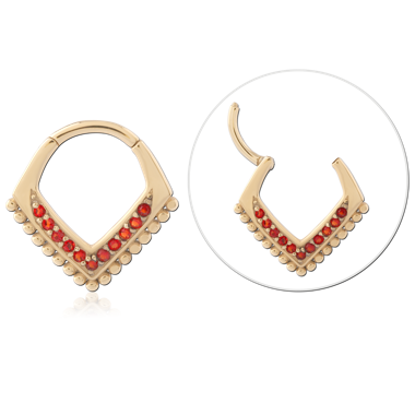 18K GOLD PVD COATED SURGICAL STEEL HINGE SEGMENT RING CHEVRON RED GEMS BEADED