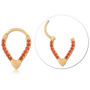 18K GOLD PVD COATED SURGICAL STEEL HINGE SEGMENT RING V SHAPE RED GEMS HEART