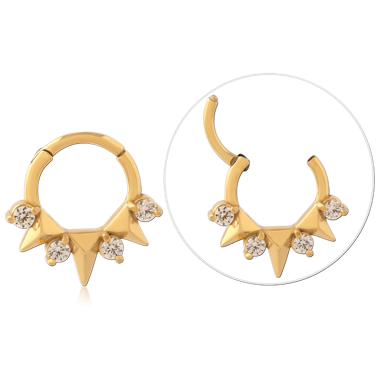 316L GOLD PVD COATED SURGICAL STEEL HINGE SEGMENT RING GEMMED SPIKED WITH TRIANGLE CHARM