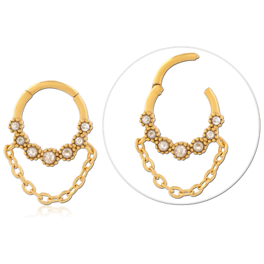 316L GOLD PVD COATED SURGICAL STEEL HINGE SEGMENT RING FLORAL GEMS WITH CHAIN DRAPE