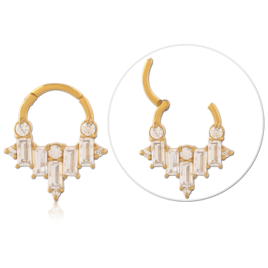 316L GOLD PVD COATED SURGICAL STEEL HINGE SEGMENT RING BAGUETTE CHANDELIER WITH GEM DANGLE