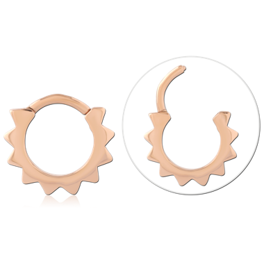 316L ROSE GOLD PVD COATED SURGICAL STEEL HINGE SEGMENT RING SUNBURST SPIKES