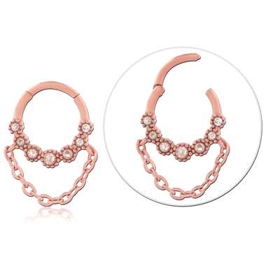 316L ROSE GOLD PVD COATED SURGICAL STEEL HINGE SEGMENT RING FLORAL WITH CHAIN DRAPE