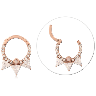 ROSE GOLD PVD COATED SURGICAL STEEL HINGE SEGMENT RING TRIPLE TRIANGLE GEMS PAVE ACCENTS