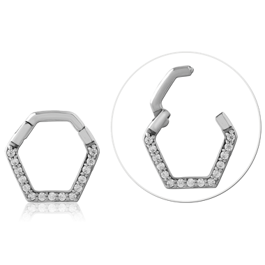 SURGICAL STEEL HINGE SEGMENT RING GEOMETRIC PAVE CLEAR GEM FRONT