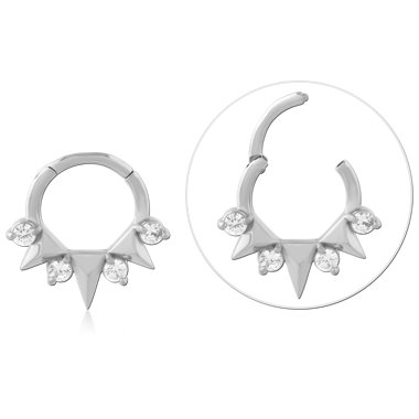 316L SURGICAL STEEL HINGED SEGMENT CLICKER RING WITH PYRAMID SPIKES AND CLEAR CZ GEMS