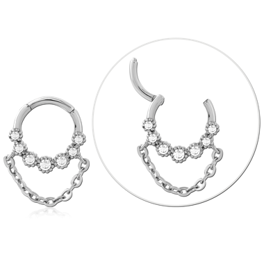 316L SURGICAL STEEL HINGED SEGMENT RING FRONT GEM CLUSTERS WITH DOUBLE CHAIN