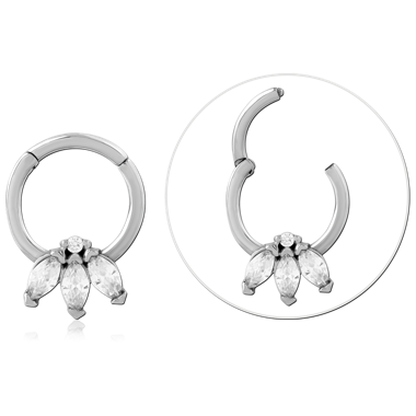 SURGICAL STEEL HINGE SEGMENT RING TRIPLE MARQUISE GEM FRONT CLUSTER