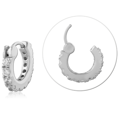 316L SURGICAL STEEL HINGE SEGMENT RING HOOP FULL PAVE CLEAR GEMS