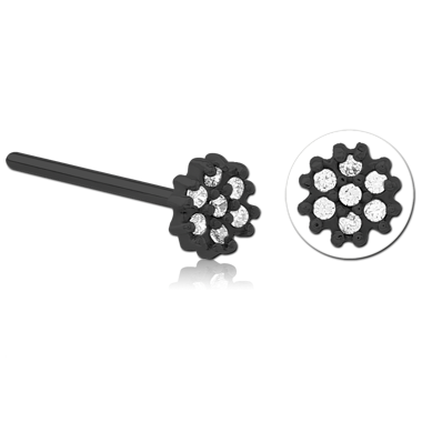 BLACK PVD COATED SURGICAL STEEL STRAIGHT JEWELED NOSE STUD - FLOWER