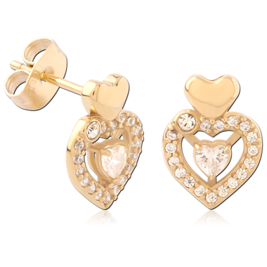 GOLD PVD 18K COATED SURGICAL STEEL STUD EARRINGS DOUBLE HEART CLEAR GEMS