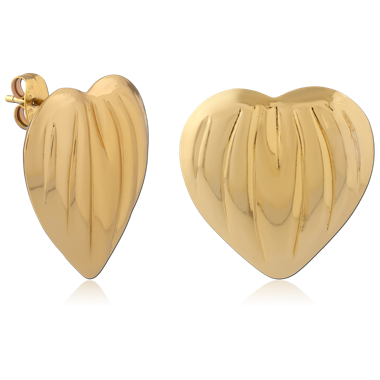 GOLD PVD 18K COATED SURGICAL STEEL STUD EARRINGS GROOVED HEART PAIR
